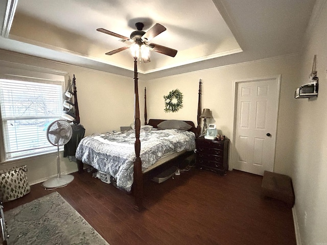 bedroom featuring a tray ceiling, ceiling fan, and dark hardwood / wood-style floors