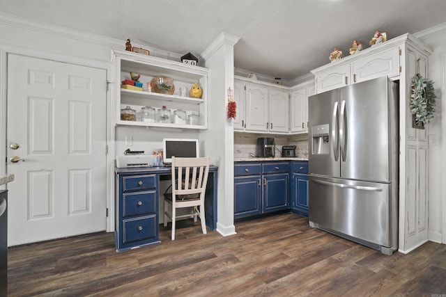 kitchen featuring stainless steel refrigerator with ice dispenser, ornamental molding, blue cabinets, dark wood-type flooring, and white cabinetry