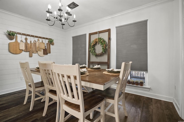 dining area featuring wooden walls, a chandelier, dark hardwood / wood-style floors, and ornamental molding