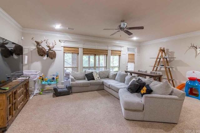 carpeted living room featuring ceiling fan and ornamental molding