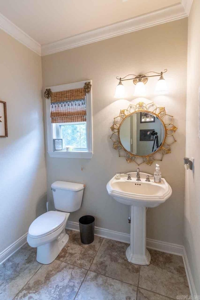 bathroom featuring toilet and crown molding