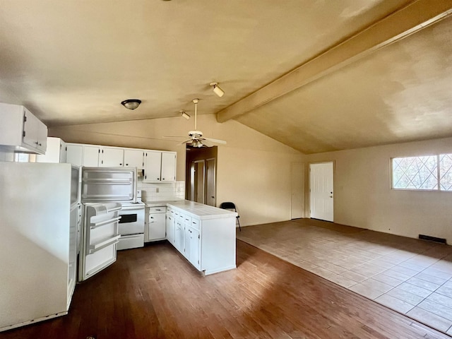 kitchen featuring white cabinetry, tasteful backsplash, vaulted ceiling with beams, light hardwood / wood-style floors, and white appliances