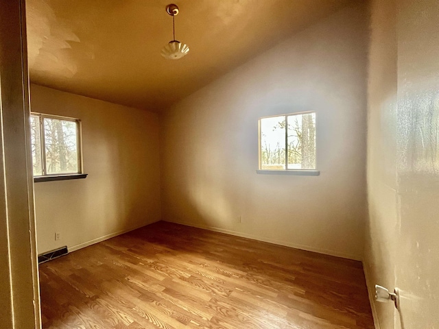 spare room with hardwood / wood-style flooring, plenty of natural light, and lofted ceiling