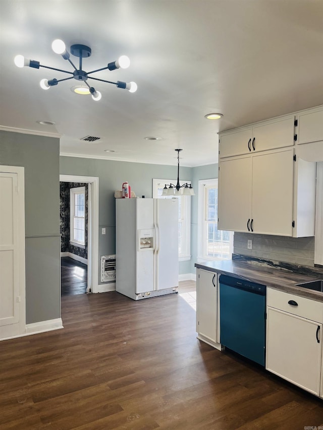 kitchen featuring white cabinets, dark wood-type flooring, decorative light fixtures, dishwasher, and white fridge with ice dispenser