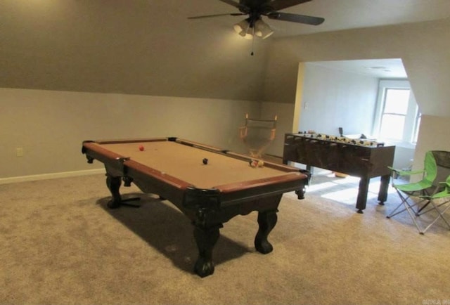 playroom with ceiling fan, carpet floors, and pool table