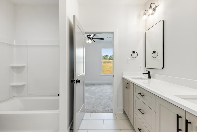 bathroom with vanity, tile patterned floors, and ceiling fan