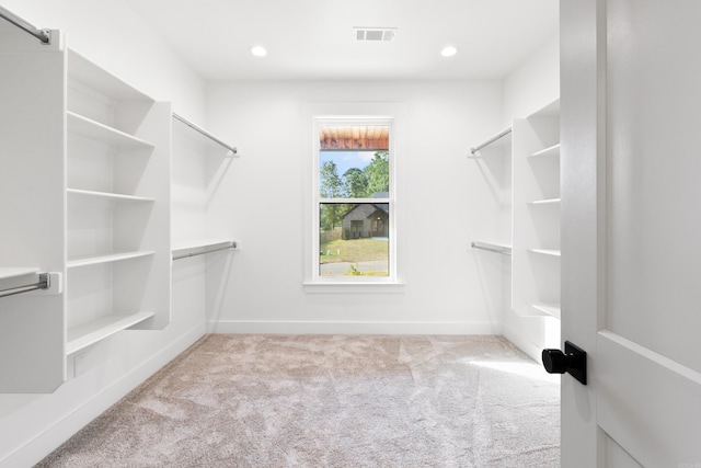 walk in closet featuring light carpet