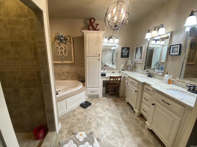 bathroom featuring tiled bath, tile patterned flooring, and vanity