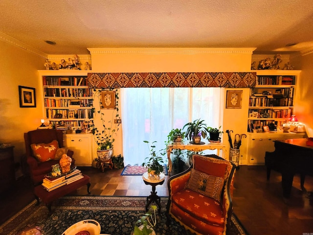 living area with a textured ceiling and ornamental molding