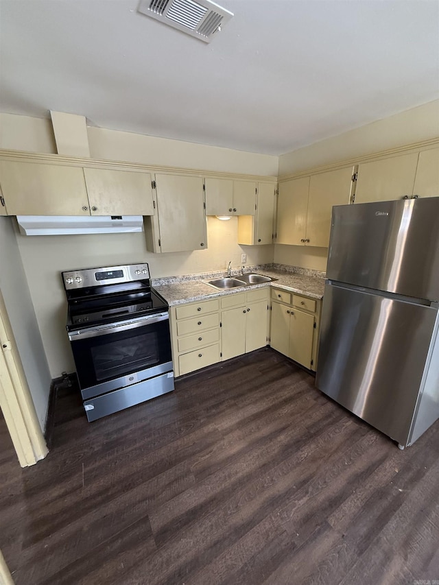 kitchen featuring cream cabinetry, appliances with stainless steel finishes, dark hardwood / wood-style flooring, and sink