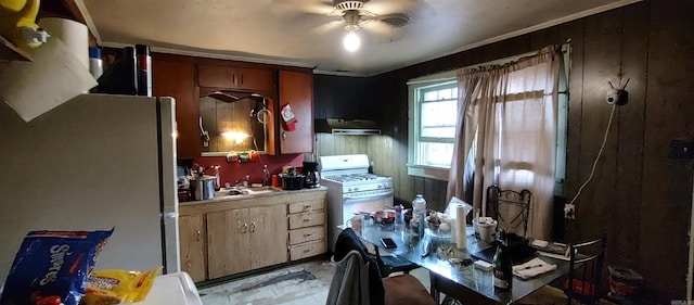 kitchen with ceiling fan, white appliances, and sink