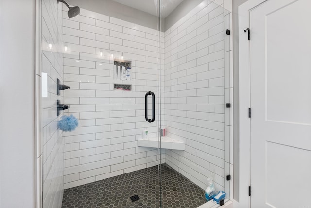 bathroom featuring a shower with shower door