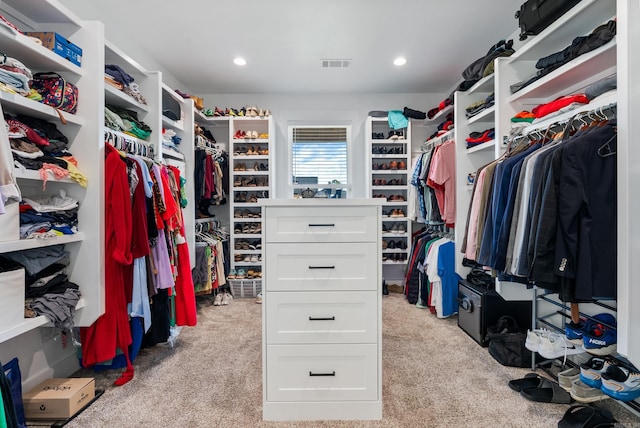 walk in closet with light carpet