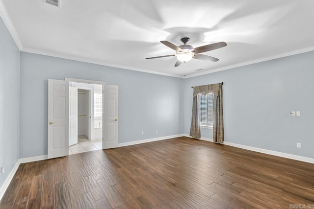 unfurnished room with crown molding, ceiling fan, and light hardwood / wood-style floors