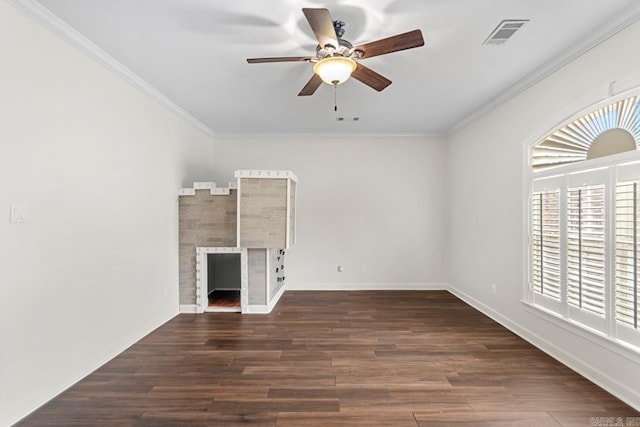 unfurnished living room featuring ceiling fan, dark hardwood / wood-style flooring, and crown molding