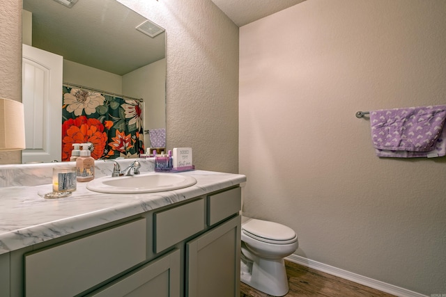 bathroom featuring vanity, wood-type flooring, and toilet