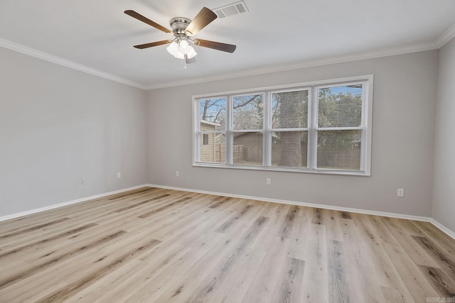 empty room with light hardwood / wood-style floors, ceiling fan, and crown molding