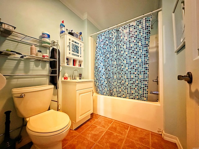 full bathroom with tile patterned flooring, toilet, shower / tub combo with curtain, vanity, and ornamental molding