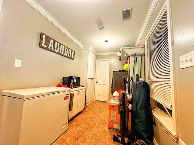 washroom with light tile patterned floors and crown molding