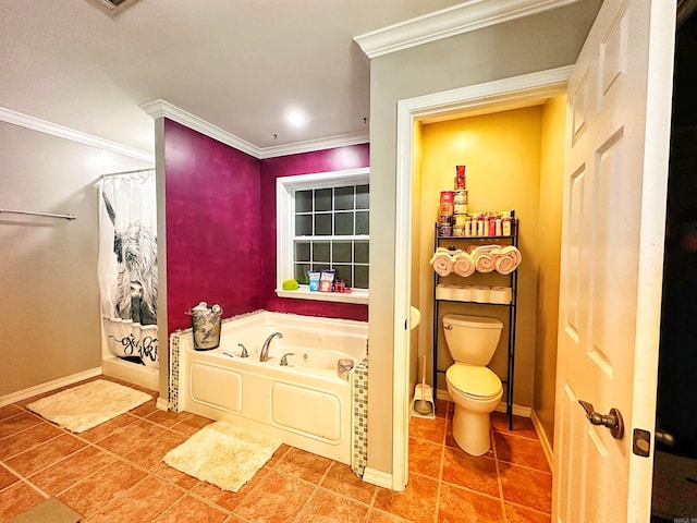 bathroom with tile patterned flooring, toilet, and ornamental molding