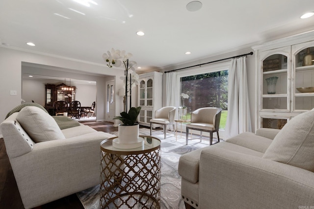 living room with ornamental molding