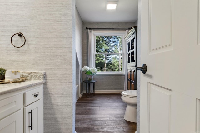 bathroom featuring hardwood / wood-style floors, vanity, and toilet