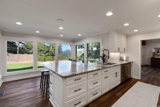 kitchen with light stone countertops, stainless steel dishwasher, sink, dark hardwood / wood-style floors, and white cabinetry