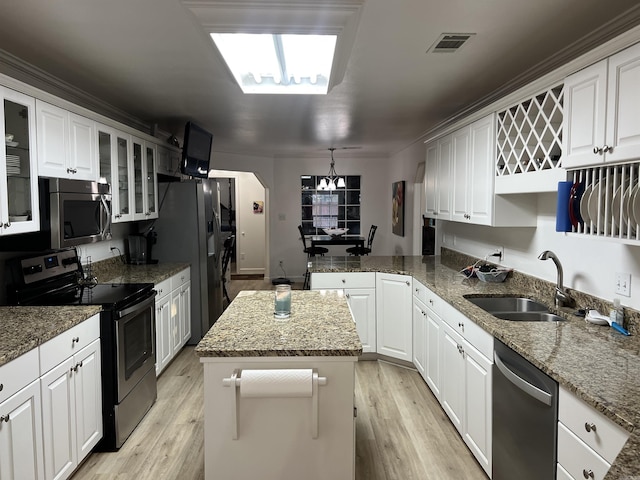 kitchen with stainless steel appliances, sink, a kitchen island, and white cabinets