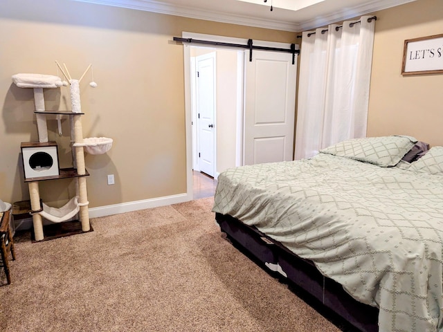 carpeted bedroom featuring a barn door and crown molding