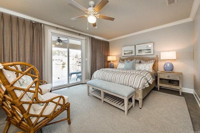 bedroom with access to outside, ceiling fan, and crown molding