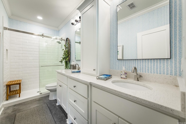 bathroom with vanity, toilet, crown molding, and walk in shower