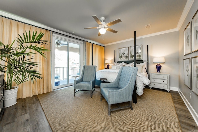 bedroom with access to outside, ceiling fan, hardwood / wood-style floors, and ornamental molding