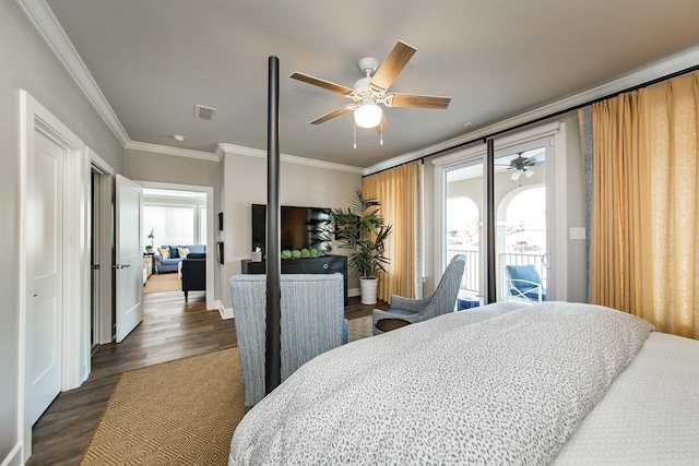 bedroom featuring access to outside, ceiling fan, dark hardwood / wood-style flooring, and ornamental molding