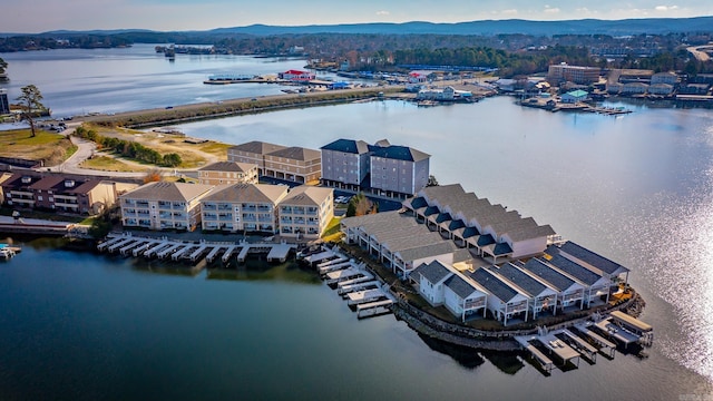 birds eye view of property featuring a water and mountain view