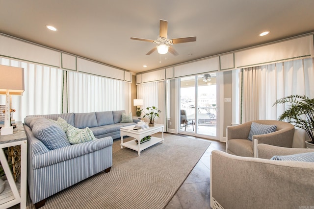 living room featuring ceiling fan