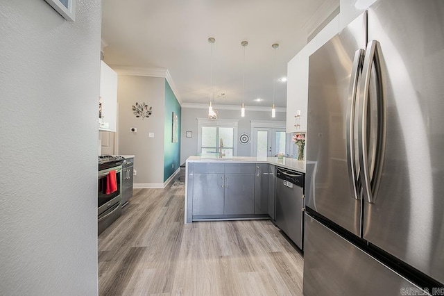 kitchen with pendant lighting, sink, crown molding, light hardwood / wood-style flooring, and appliances with stainless steel finishes