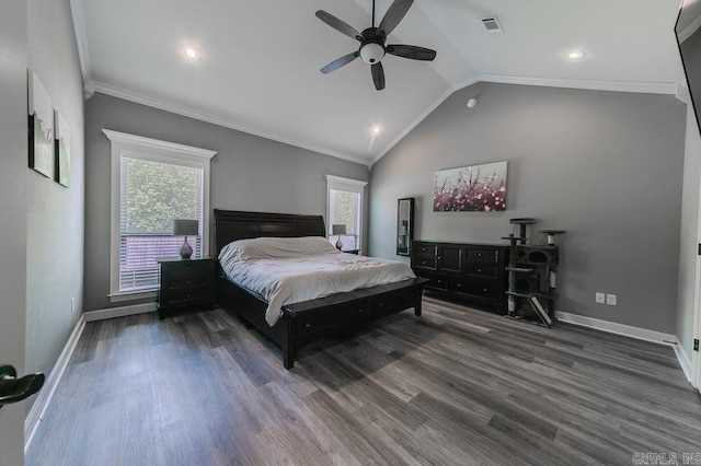 bedroom with ceiling fan, crown molding, and dark hardwood / wood-style floors