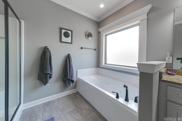 bathroom featuring tile patterned floors, vanity, separate shower and tub, and crown molding