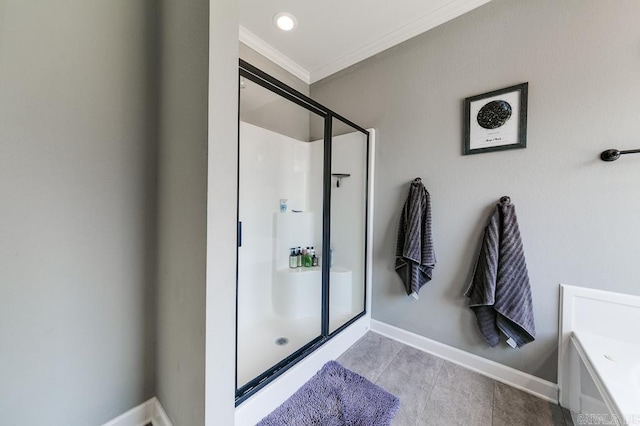 bathroom featuring tile patterned flooring, independent shower and bath, and crown molding