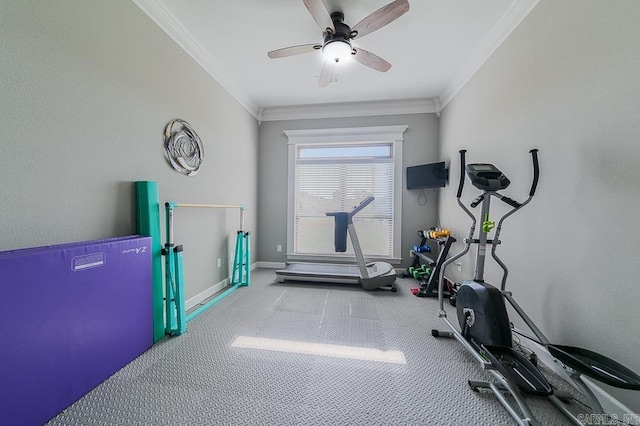 exercise area featuring ceiling fan and crown molding