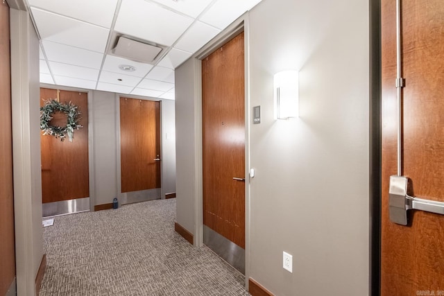 corridor featuring carpet floors and a drop ceiling