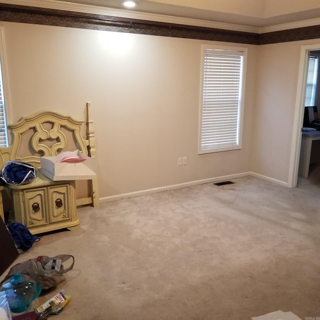 interior space featuring ornamental molding and light carpet