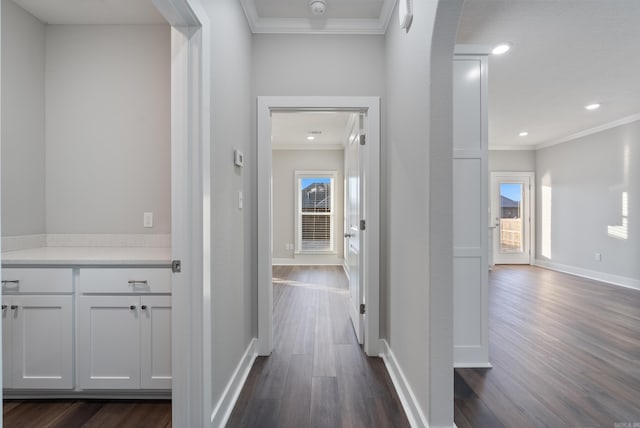 corridor featuring dark hardwood / wood-style floors and ornamental molding