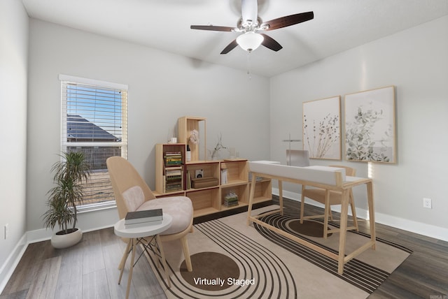 office with hardwood / wood-style flooring, plenty of natural light, and ceiling fan