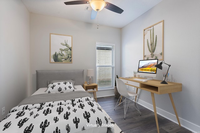 bedroom featuring ceiling fan and dark hardwood / wood-style flooring