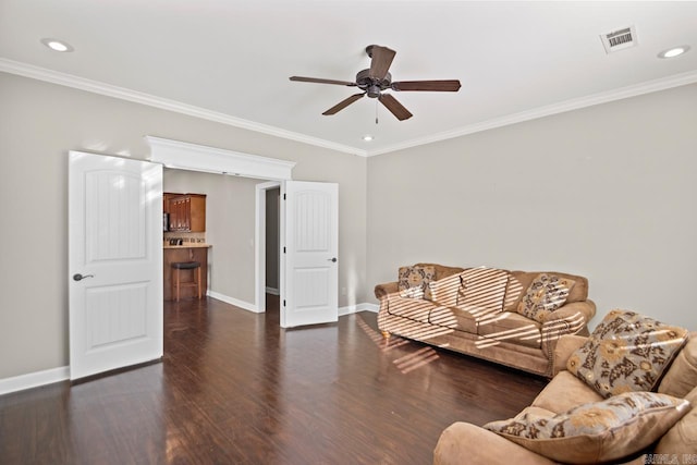 living room featuring crown molding, dark hardwood / wood-style flooring, and ceiling fan