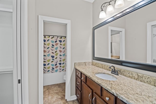 full bathroom with shower / tub combo, vanity, and toilet