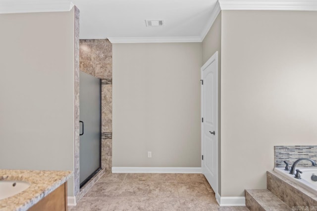 bathroom with separate shower and tub, crown molding, and vanity