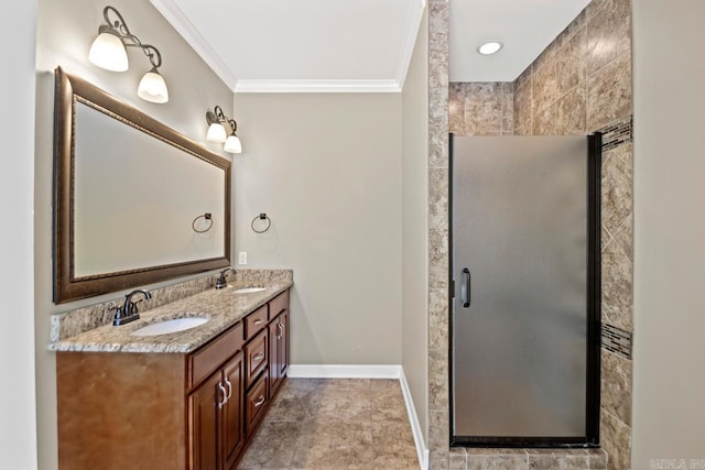 bathroom featuring vanity, walk in shower, and crown molding