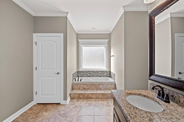 bathroom with tiled bath, crown molding, tile patterned flooring, and vanity